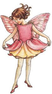 Illustration of a pink and yellow butterfly fairy by Cicely Mary Barker