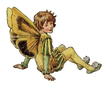 Illustration of a seated green and yellow butterfly fairy by Cicely Mary Barker