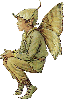 Illustration of a seated elven boy fairy by Cicely Mary Barker